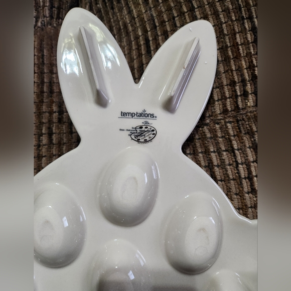 Temptations Easter Bunny Egg Tray Ceramic 15x9in Beautiful Easter Decor - Picture 7 of 9